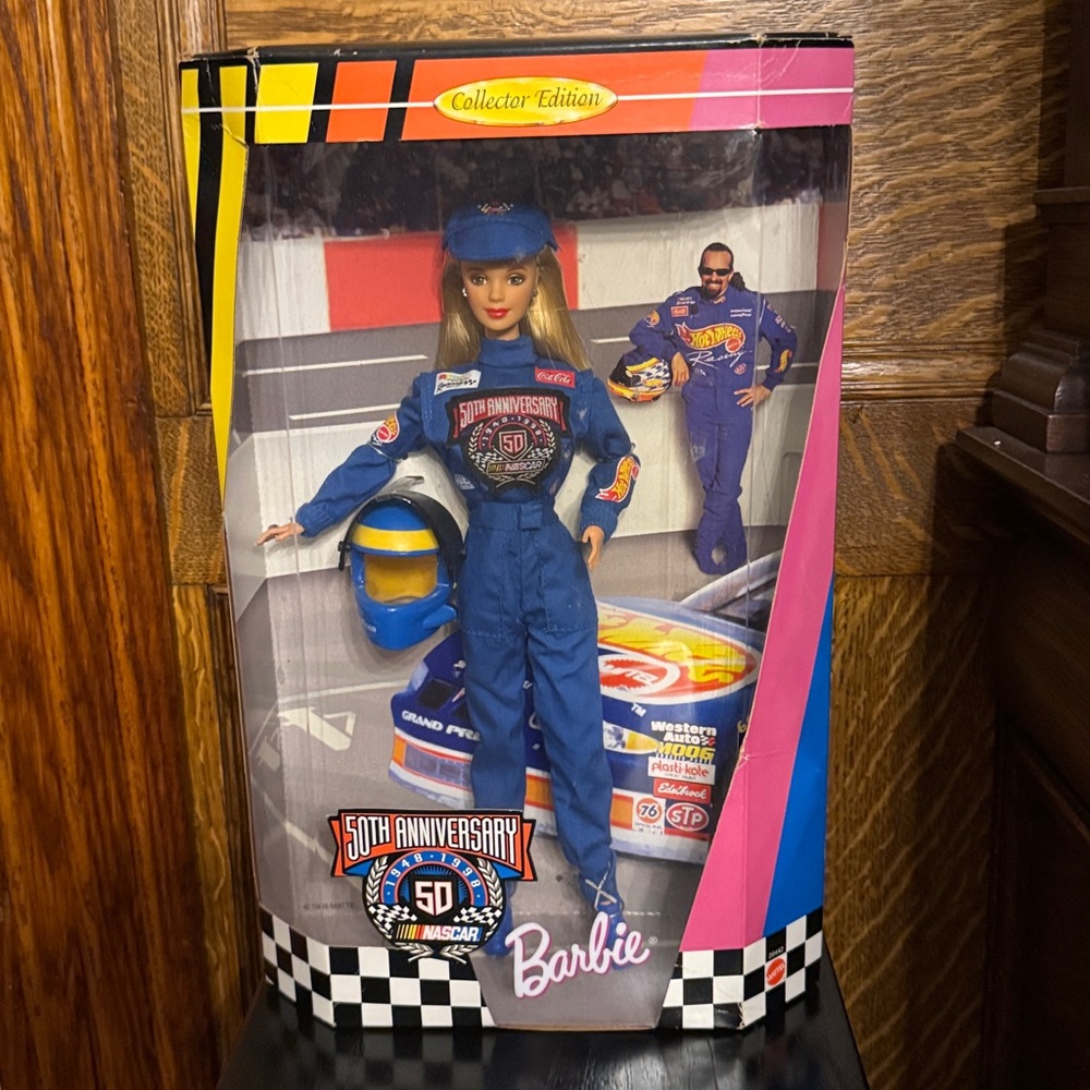 Vintage 1998 new in box NASCAR Barbie commemorates 50th anniversary of racing.